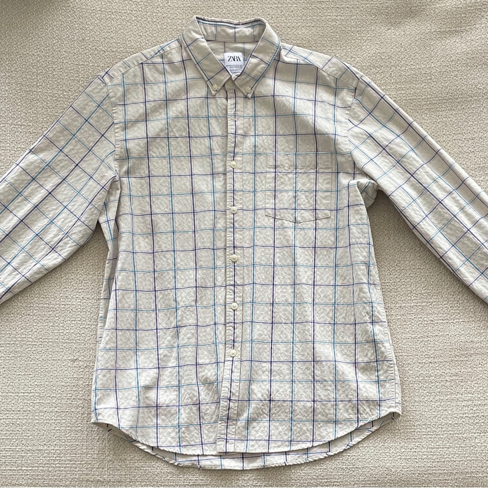 NWOT Zara MEN TEXTURED CHECK RELAXED FIT COTTON SHIRT SIZE XL